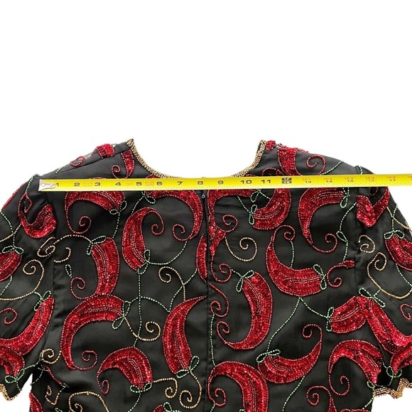 Scala Vtg Short Sleeve Chili Peppers Silk Sequined Beaded Blouse Evening Top, M - Picture 11 of 11